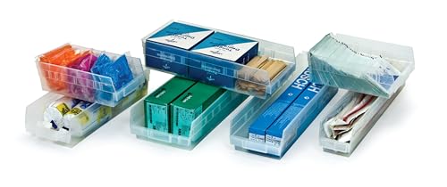 Quantum Storage QSB808 Store-Max Heavy-Duty Nesting Plastic Shelf Bins for Pharmacy, Hospital & Warehouse, Hanging Lip & 7 Divider Slots, 18" x 9" x 8", Yellow, 10-Pack