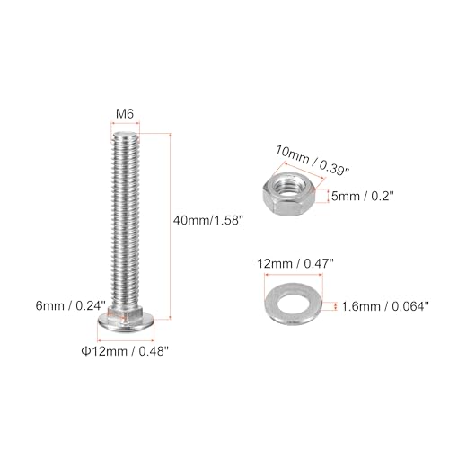 uxcell M6x40mm Square Neck Carriage Bolts with Nuts & Washers, 24Set 304 Stainless Steel Round Head Square Neck Coach Bolt Screws, Silver Tone - size: M6x40mm