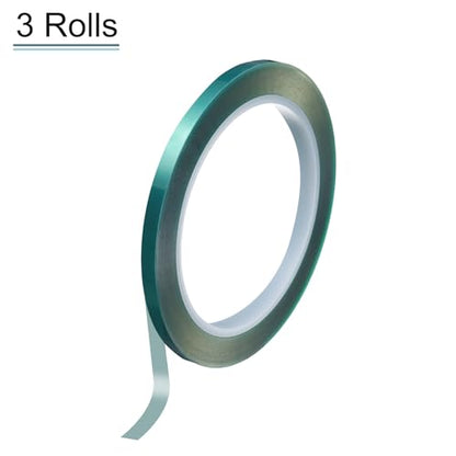 3 Rolls High Temperature Masking Tape 1/4" x216ft(6mmx33m) 0.05mm Thick PET Film Silicone Adhesive Heat Resistant Tapes for Heat Press Anodizing Circuit Board, Green