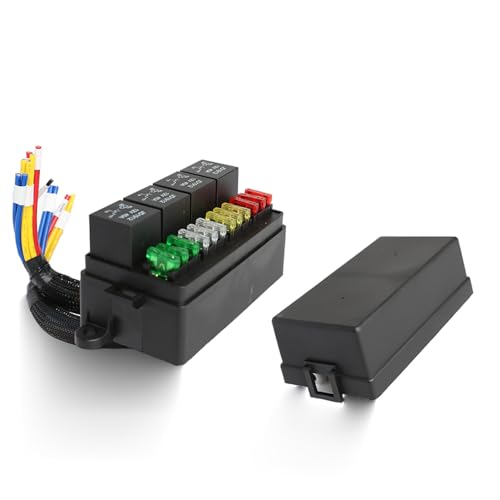 12-Slot Relay Fuse Box, 12V 40A Automotive Distribution Block with 4 High-Power Relay Outputs and 8 Standard Fused Circuits, Reinforced Power Hub for Truck, RV, Marine and Off-Road (RY04F12) - size: RY04F12