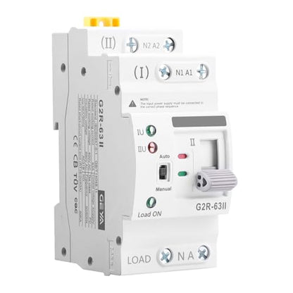 63Amp 110V AC Mini ATS Automatic/Manual Transfer Switch, 2Pole G2R Solar Auto Dual Power Changeover Switch for Home, Din Rail Mounted 50/60Hz CE Certified for Rv, Lv, Cn Public/Backup Power