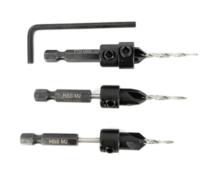 FTG USA 3-Pk #4 (7/64") Countersink Drill Bit Set, 1 Stop, 1 Wrench & Case - size: #4, style: 3 Pc with Depth Stop and Case