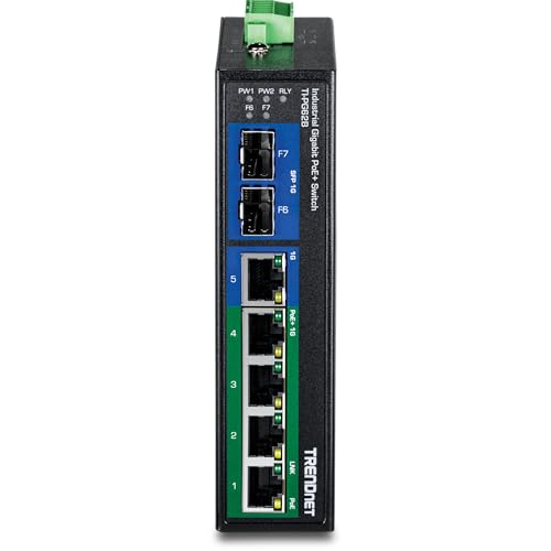 TRENDnet 7-Port Industrial Gigabit PoE+ DIN-Rail Switch, TI-PG62B - style: 6 port PoE Switch w/ Boost Voltage