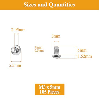 105 Pieces M3 x 5mm Button Head Socket Cap Screws, Thread Pitch 0.5mm, Sutemribor M3 Screws, 304 Stainless Steel, Fully Threaded, Silver - size: M3 x 5mm, style: Button Head