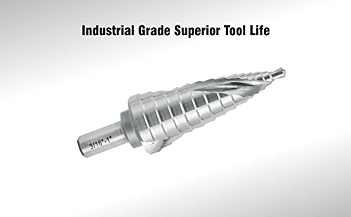 Industrial HSS Step Drill Bit 3/16'' to 1'' with 3/8'' Shank, Unibit Double Spiral Flute with 14 Step Size for Metal, Stainless Steel, Aluminum, Plastic - size: 3/16''- 1''