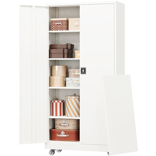RAVIGIN Metal Garage Storage Cabinet with Wheels, 75" H Locking Tool Cabinet with 2 Doors and 4 Adjustable Shelves, Tall Steel Storage for Garage, Heavy Duty File Cabinet for Office, School (White) - color: White, size: 75 IN with Weels