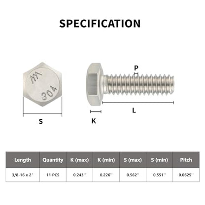 VGBUY 11Pcs 3/8-16 x 2 Hex Head Screws Bolts,304 Stainless Steel 18-8,Fully Threaded,External Hex Drive,Mounting Chair,Rail,Pump,Wheels,Handles,Antenna Parts,Boat and Plastic Bumpers(VG10506) - size: 2", style: 3/8-16"