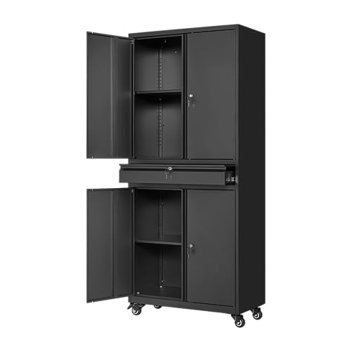Yizosh Metal Garage Storage Cabinet with Locking Doors and Adjustable Shelves, 73" Rolling Tool Storage Cabinet with 4 Wheels and 1 Drawer for Garage,Warehouse (Black) - color: Black, size: 4 Wheel - 1 Drawer - 73"H