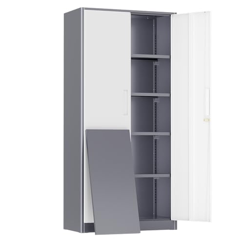 Greenvelly Metal Storage Cabinet, 72" Locking Metal Garage Storage Cabinet with Doors and 4 Adjustable Shelves, Lockable Steel Cabinet for Home Office, Garage, Shop, School (White Grey 32" W x 16" D) - color: White Grey, size: 72 Inch - 32W