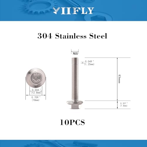 M8x1.25 x 45mm Flanged Hex Head Bolts, 304 Stainless Steel (A2-70), Bright Finish, Fully Threaded, Hexagon Head Flange Bolts, Quantity 10 - size: 45mm(10PCS)