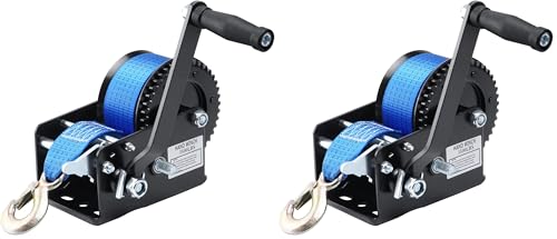 Boat Trailer Winch Hand Winch 3500lbs Heavy Duty Hook with 33ft (10m) Polyester Strap Hand Crank Winch, Two Way Ratchet Boat Winch for Trailer Truck ATV Boat (Pack of 2) - size: 3500lbs with Blue Polyester Strap (Pack of 2)