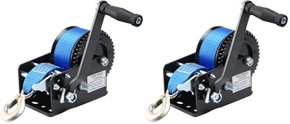 Boat Trailer Winch Hand Winch 3500lbs Heavy Duty Hook with 33ft (10m) Polyester Strap Hand Crank Winch, Two Way Ratchet Boat Winch for Trailer Truck ATV Boat (Pack of 2) - size: 3500lbs with Blue Polyester Strap (Pack of 2)