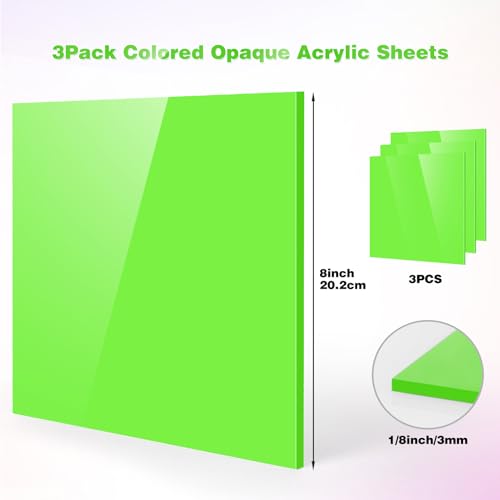 Adrattnay Light Green Acrylic Sheets 1/8" Thick, 3Pcs 8 x 8 Opaque Cast Acrylic Sheets for Laser Cutting & Engraving-3mm, with Protective Paper - color: Light Green