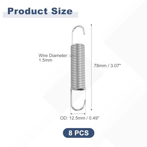 uxcell 8Pcs Stainless Steel Extension Spring w/Hook 1.5mmWD,12.5x78mm ODxL - size: 1.5mm Wire, 12.5mmx78mm(ODxL)
