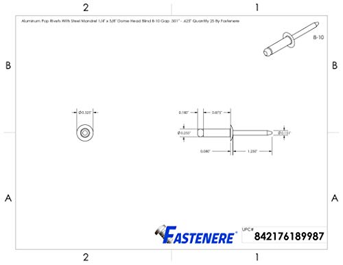 Fastenere Pop Rivets 1/4" x 5/8" (25pcs) Aluminum Body Steel Mandrel, Heavy Duty, Open End, Low Carbon Steel, Dome Head Blind Rivets, Corrosion Resistant & High Shear Strength, 8-10 Gap .501" - .625" - size: 1/4" x 5/8" (8-10) (25 Pack)
