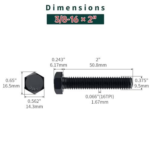 3/8-16 x 2 Hex Bolts with Nuts and Washers (8 Sets), 18-8 (304) Stainless Steel, External Hex Drive, Black Oxide Coated Hexagon Head Bolts Screws, Fayeploo - size: 3/8-16 x 2"