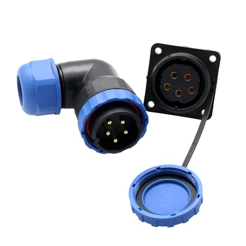 TY28 5 Pin 25A Female Male Connector, Panel Mount Socket and Angled 90°Wire Plug, Screw Connection Solder-Free Quick-Disconnect for Waterproof Outdoor Electrical Power - color: Screw Mount+ 90-degree Plug, size: 5 Pin 25A
