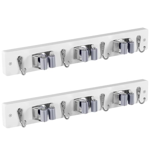 OUTNILI 2 Pack White Mop Broom Holder Wall Mount with 3 Slots & 4 Hooks - Rustic Wood Broom Mop Hanger for Pantry Kitchen Organization - Garden Tool Organizer for Closet Laundry Room - color: White-3 Grips, size: 2 Pack