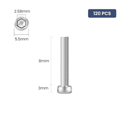 120pcs M3 x 8mm Hex Socket Head Cap Screws Bolts, 304 Stainless Steel 18-8, Allen Socket Drive,Bright Finish, Full Threads,with Hex Spanner - size: M3 x 8mm