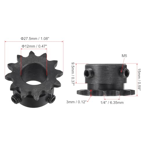uxcell #25 Chain Roller Sprocket, 12mm Bore 1/4" Pitch 12 Tooth Single Strand Chain Sprocket, C45 Carbon Steel 25 Roller Chain Sprocket with Set Screws for ISO 04C Chain, 2Pcs - size: 27.5mmx12mm