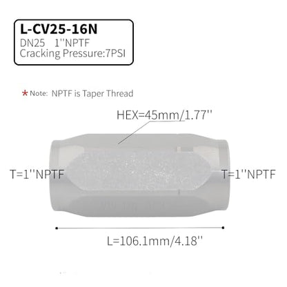 1'' NPTF Hydraulic In-Line Check Valve, Non-Return Valve High Pressure, Single Way, 50GPM, 3000PSI - size: CV25-16N 1''NPTF