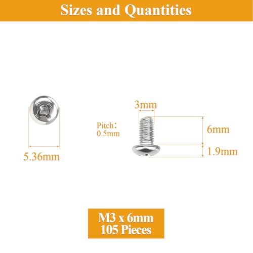 105 Pieces M3 x 6mm Machine Screws, Thread Pitch 0.5mm, Sutemribor M3 Phillips Pan Head Machine Screws, 304 Stainless Steel, Fully Threaded, Silver - size: M3 x 6mm, style: Phillips Pan Head