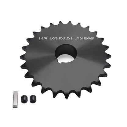 #50 Roller Chain Sprocket 25 Tooth 1-1/4" Bore (1/4" Keyway) Black Oxide with 2 Set Screws & Key Included for Conveyor Farm Equipment Packaging Industrial Heavy Duty Drive, Hardened Steel 50BS25-1-1/4 - size: 1-1/4 inch, style: 25tooth