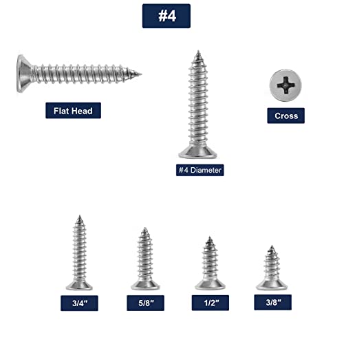 #4 x 1/2" Wood Screw 100Pcs 18-8 (304) Stainless Steel Screws Flat Head Phillips Fast Self Tapping Drywall Screws by SG TZH - size: #4 x 1/2"