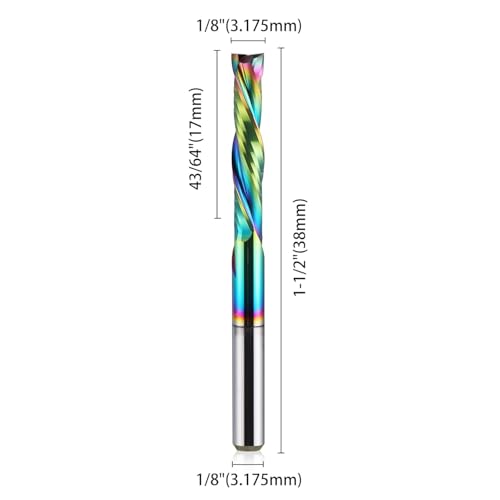 Woodwork Milling Cutter ,DLC Coating ,UP & Down Cut 2 Flutes Spiral Carbide Milling Tool CNC Router Compression Wood End Mill Cutter Bits,1/8Inch Shank ,1/8Inch Cutting Dia ,17mm CEL Pack of 10 - style: 3.175x3.175x17mm