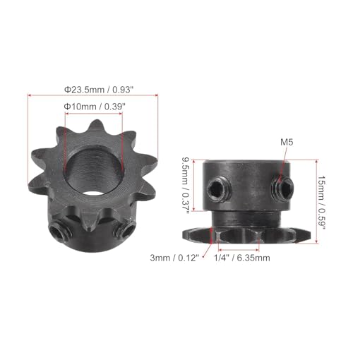 C45 Carbon Steel 15 Tooth Roller Sprocket Type B with Fixing Screw Number 25 Chain Single Strand 1/4 Inch Pitch Black Oxide Coating Suitable for Milling/Drilling Machines