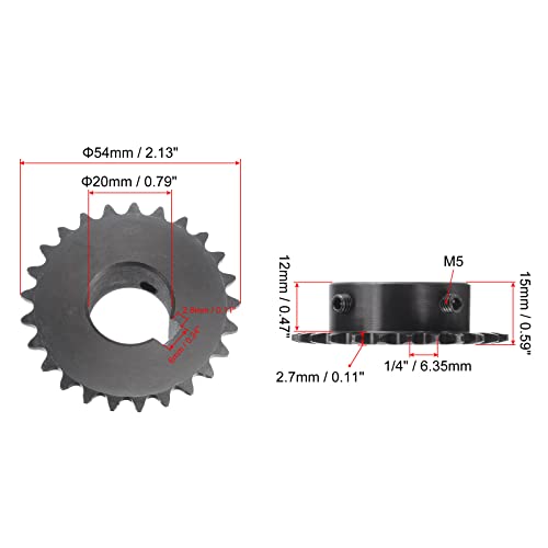 uxcell 25 Tooth Roller Sprocket B Type, #25 Chain, Single Strand 1/4" Pitch, 20mm Bore Black Oxide C45 Carbon Steel, Keyway with Set Screws for ISO 04C - size: 20mm