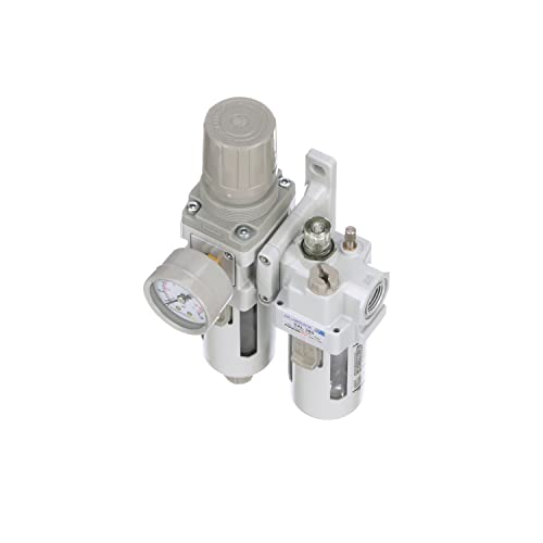 PneumaticPlus SAU310-N03G Compressed Air Filter Regulator Lubricator Piggyback Combo 3/8" NPT - Poly Bowl, Manual Drain, Bracket, Gauge