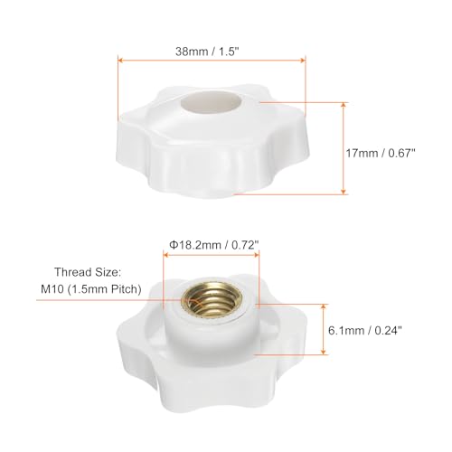 HARFINGTON 10pcs Star Knobs M10 Female Thread 38mm Head Plastic Through Hole Brass Screw-in Clamping Handles Threaded Hand Knobs, White - color: White, size: M10 x 38mm