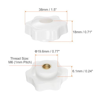 HARFINGTON 12pcs Star Knobs M6 Female Thread 38mm 6-Point Plastic Head Brass Insert Through Hole Screw-in Threaded Hand Knob Clamping Handle, White - color: White, size: M6 x 38mm