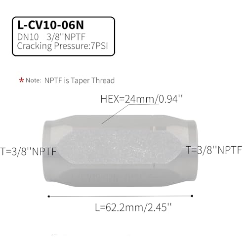 3/8'' NPTF Hydraulic In-Line Check Valve, Non-Return Valve High Pressure, Single Way, 6GPM, 5000PSI - size: CV10-06N 3/8''NPTF