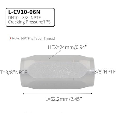 3/8'' NPTF Hydraulic In-Line Check Valve, Non-Return Valve High Pressure, Single Way, 6GPM, 5000PSI - size: CV10-06N 3/8''NPTF