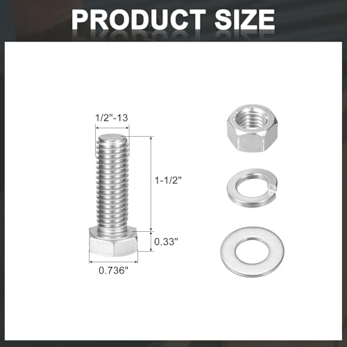 uxcell 20Set Hex Head Screw Bolt, 1/2-13 x 1-1/2" 304 Stainless Steel Fully Threaded Screw Bolt with Nuts, Flat & Lock Washers, Silver - size: 1/2-13 x 1-1/2"