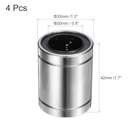 uxcell 4Pcs LM20UU Linear Bearing 20mm Bore 32mm OD 42mm Length Linear Ball Bearings Nickel Plated Surface Double Side Rubber Sealed Bearing Steel for CNC Machine 3D Printer - size: LM20UU