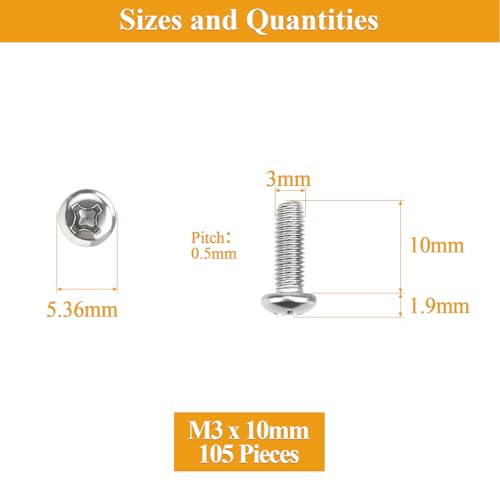 105 Pieces M3 x 10mm Machine Screws, Thread Pitch 0.5mm, Sutemribor M3 Phillips Pan Head Machine Screws, 304 Stainless Steel, Fully Threaded, Silver - size: M3 x 10mm, style: Phillips Pan Head
