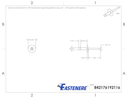 Fastenere Large Flange Pop Rivets - 3/16" x 3/8" (50 Pack) Aluminum Body Steel Mandrel, Heavy Duty Dome Head Blind Rivets, Open End 6-6 Gap .251" - .375" - Corrosion Resistant, High Shear Strength - size: 3/16" x 3/8" (6-6) (50 Pack)