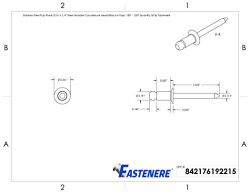 Fastenere - 3/16" x 1/4" Countersunk Head Pop Rivets - Aluminum, Stronger Steel Mandrel, Ideal for Flexible to Rigid Connections, Grip Range: .188" - .250" (50 pcs) - size: 3/16" x 1/4" (6-4) (50 Pack)