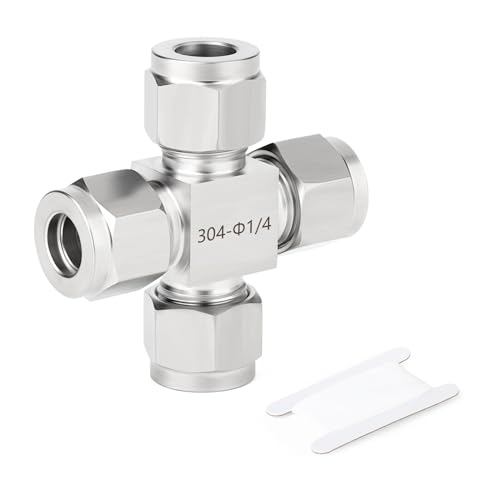 TAISHER 1PCS 304 Stainless Steel 4 Way Compression Tube Pipe Fitting Connector, 1/4" x 1/4" x 1/4" x 1/4" Tube OD Adapter