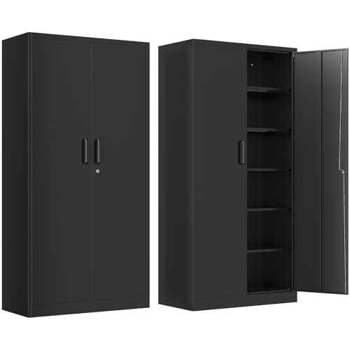 Metal Garage Storage Cabinet, 71" Tall Storage Cabinets with 2 Doors and 5 Adjustable Shelves, Steel Utility Tool Caninet, Black Locking Caninets, Lockable File Cabnet for Home/Office/School - color: Black, size: 71"H x 32"W x 16"D-C