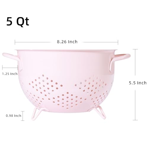 Metal Colander 5 Quart Powder Coated Self-draining Metal Strainer with Base,Kitchen Pasta Fruit Vegetable Basket with Double Handles (Pink) - color: Pink
