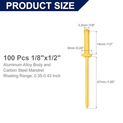 uxcell 100Pcs 1/8" x1/2" Aluminum Blind Rivets, Aluminum Grip and Steel Mandrel, Dome Head Long Split Rivets for Metal, Furniture, Automotive, Yellow - color: Yellow, size: 1/8"x1/2"