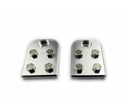 A pair of 4-point flat lug battery terminal blocks, using stainless steel bolts