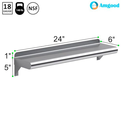 AmGood Narrow 6 in. Deep x 24 in. Wide Stainless Steel Wall Mount Shelf with Backsplash - Bathroom, Restroom & Spice Storage | NSF 18-Gauge 430, Holds 140 lbs | Bullnose Edge, Brackets Included - size: 6 in. x 24 in.