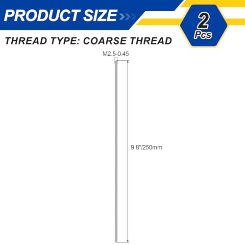 M2.5-0.45 Fully Threaded Rod 250mm Length Coarse Thread 2Pcs - size: M2.5-0.45 250mm