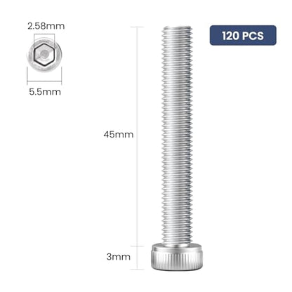 120pcs M3 x 45mm Hex Socket Head Cap Screws Bolts, 304 Stainless Steel 18-8, Allen Socket Drive,Bright Finish, Full Threads,with Hex Spanner - size: M3 x 45mm