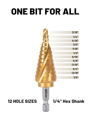 Industrial HSS Step Drill bit 3/16''-7/8'' with 1/4'' Hex Shank, Unibit Double Spiral Flute with TiN Coating for Metal, Stainless Steel, Aluminum, Plastic - size: 3/16''-7/8''